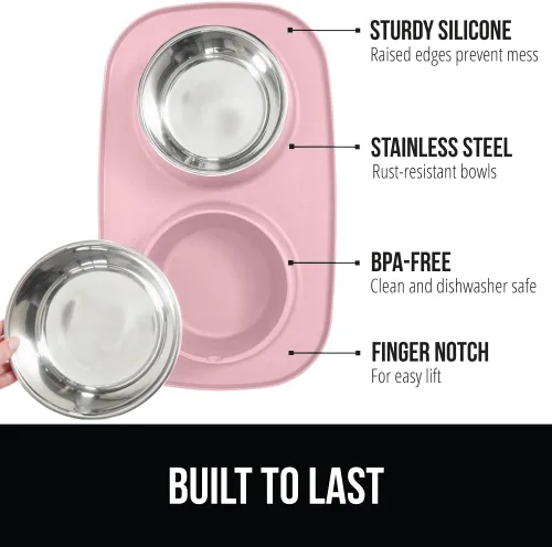 Miniatura 2 de GORILLA GRIP Juego de Estera de Alimentación, Patente Pendiente 100% Impermeable de Silicona Libre de BPA, Cuencos de Acero Inoxidable para Gatos