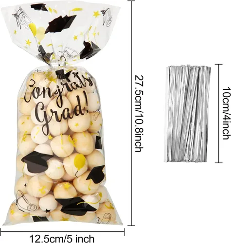 Miniatura 2 de Blulu 100 bolsas de celofán de graduación, felicitaciones para graduados, bolsas de regalo de plástico con 100 lazos giratorios plateados para Negro