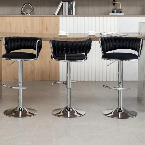 Miniatura 35 de Taburetes de bar dorados juego de 2, taburetes de bar de terciopelo giratorios con respaldo tejido, taburetes ajustables para isla de cocina, Beige