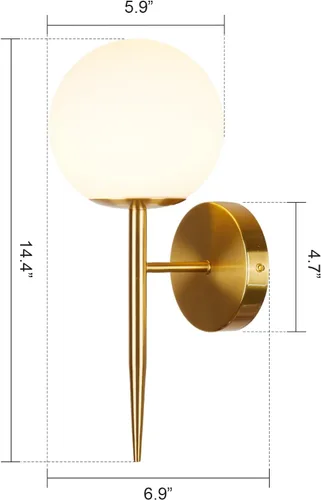 Miniatura 2 de Juego de 2 apliques de pared modernos de globo dorado, lámpara de pared industrial de mediados de siglo con pantalla de vidrio de globo blanco