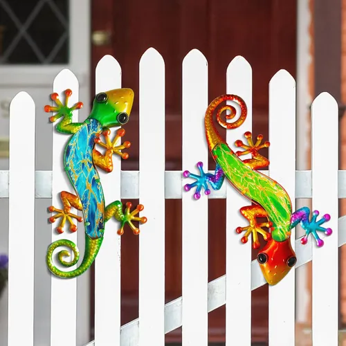 Miniatura 4 de Arte decorativo de Gecko de pared de metal, 14 pulgadas, paquete de 2 Diseño de escalada 3D, escultura de vidrio decorativa, lagarto colgante