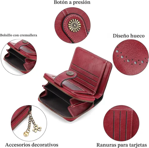 Miniatura 4 de Cartera pequeña para mujer, de piel, plegable, compacta, con bloqueo RFID, con bolsillo con cremallera para monedas, A01 Rojo Vino, Classic