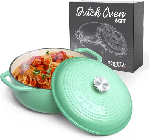 Segretto Cookware Horno holandés de hierro fundido esmaltado, 6 cuartos de galón, verde claro Verde Chiaro (verde claro)