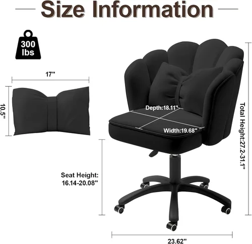 Miniatura 2 de Silla de tocador con ruedas, silla de escritorio de terciopelo con pétalos, silla de oficina en casa tapizada y copetada para mujeres y niñas, silla
