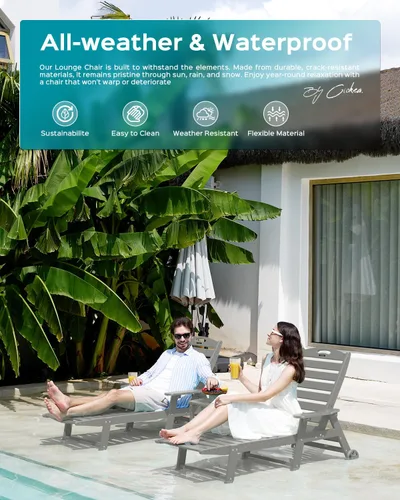 Miniatura 8 de Ciokea Silla de Descanso para Exteriores, Tumbona de Gran Tamaño con 5 Posiciones, HDPE, Silla de Descanso de Patio con Ruedas y Portavasos para Gris