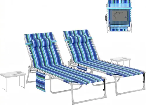 Miniatura 11 de Outsunny Silla bronceadora con agujero frontal, mesa auxiliar, sillón reclinable plegable de 5 posiciones, tumbona reclinable, correas de transporte
