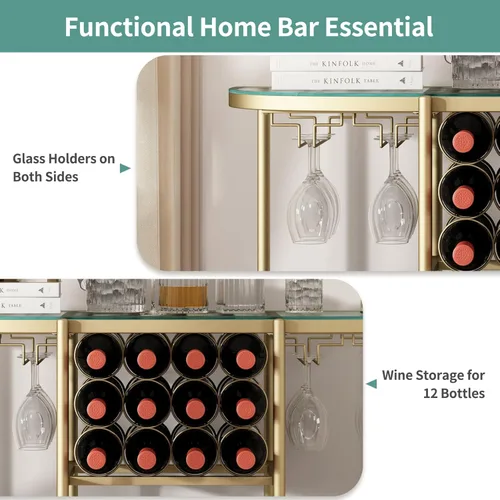 Miniatura 6 de O&K FURNITURE Mesa de bar para el hogar con estantes de vino, mesa de bar de vino de 3 niveles con soportes para vidrio, gabinete de vino