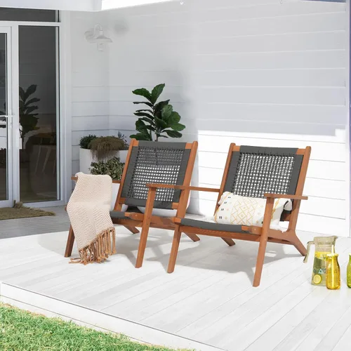 Miniatura 10 de Verano Garden Juego de 2 sillas de patio, sillón moderno de madera de acacia con cuerda tejida a mano para patio, sala de estar, dormitorio, balcón