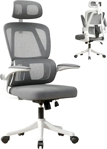 Silla de oficina ergonómica, silla de escritorio de malla gris y blanca con soporte lumbar ajustable y reposacabezas, ruedas giratorias de 360°,