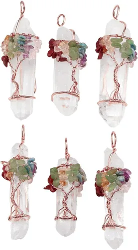 Miniatura 4 de Jovivi - Collar con dije de cuarzo de cristal natural envuelto en alambre con la forma de árbol de la vida de piedras preciosas, regalo ideal
