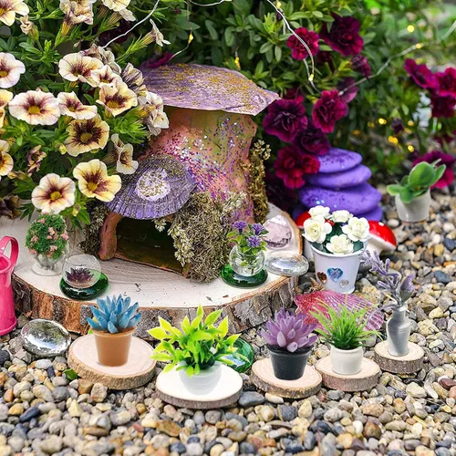 Miniatura 7 de Cayway Planta de casa de muñecas en miniatura, 16 piezas, planta artificial, modelo de bonsái, mini maceta, casa de muñecas falsas para decoración