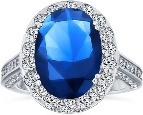 Miniatura 23 de Anillo de compromiso de plata de ley 925 personalizable con halo de corona ovalada de 5 a 7 quilates con circonita cúbica simulada de zafiro azul