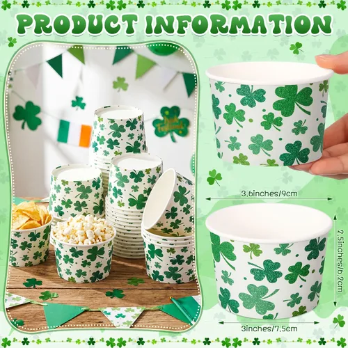 Miniatura 4 de Potchen Paquete de 50 tazas de sopa desechables de papel de 9 oz para el Día de San Patricio, tazas de postre desechables irlandesas, tazas