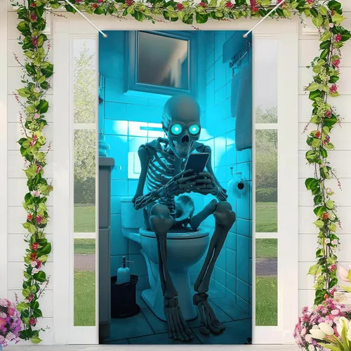 Miniatura 3 de BlissYard Cubierta de puerta de Halloween de 71 x 35 pulgadas, divertido esqueleto en la puerta del inodoro, decoración de ojos brillantes, escena