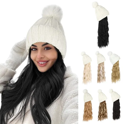 Miniatura 9 de Flufymooz Gorro con peluca, extensión de pelo con gorro de piel sintética con pompón largo ondulado rizado, peluca con gorro adjunto de 20 pulgadas