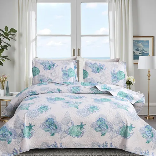 Hailea Edredón oceánico tamaño matrimonial/queen, ropa de cama costera ligera para verano, playa, colcha náutica, conchas de mar azul, sábana con 2
