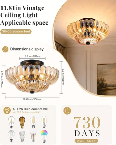 Miniatura 4 de Luces de Techo Semiempotradas Lámpara de Techo de Cristal Marrón Candelabros Base Negra Iluminación Moderna Accesorio de Luz Adecuado para Sala