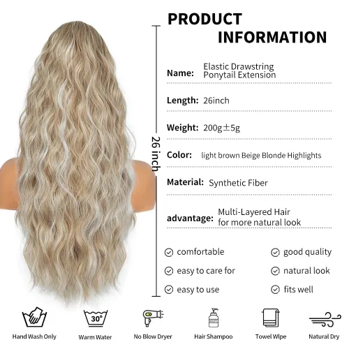 Miniatura 5 de Extension de cola de caballo con cordón de 26 pulgadas para mujer, extensiones de cola de caballo largas y onduladas, extensiones de cabello