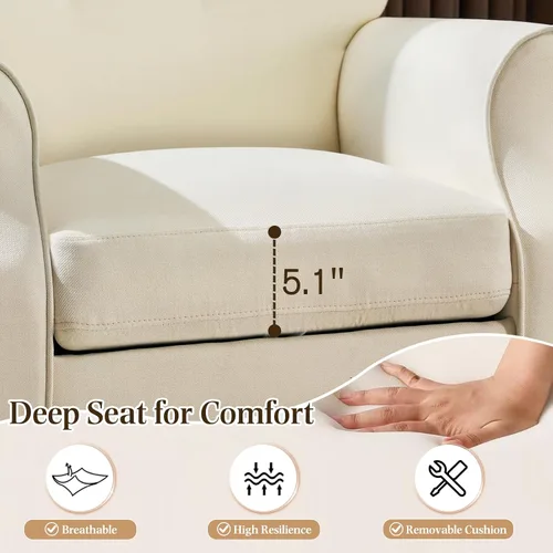 Miniatura 5 de YOLENY - Silla decorativa moderna, con respaldo alto, sillón individual tapizado con botones de tela y patas de madera para sala de estar, Beige