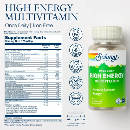 Miniatura 2 de SOLARAY Multivitamínico Once Daily de alta energía, sin hierro, sistema inmunológico y apoyo energético, ingredientes de base de alimentos