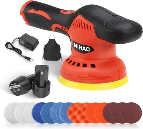 NIHAO - Pulidor de búfer inalámbrico de 5 pulgadas con 2 baterías recargables de 12 V 2000 mAh y 15 accesorios adicionales, 8 velocidades variables