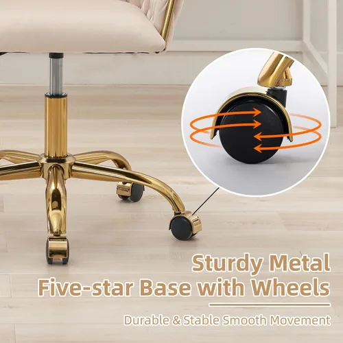 Miniatura 6 de ABET Silla de Escritorio de Terciopelo con Ruedas, Bonita Silla de Oficina Giratoria Tapizada, Moderno Sillón Rodante Dorado Tejido a Mano con Beige