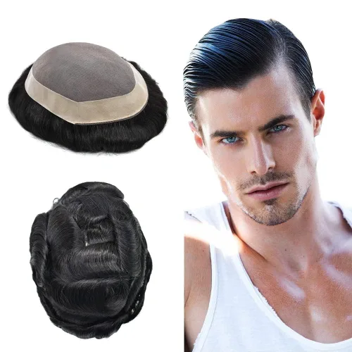 Miniatura 22 de Piezas de pelo para hombre, tupé, duradero, fino, mono, sistema de cabello para hombres, postizo atado a mano, protesis capilar para hombre, 6 x 8