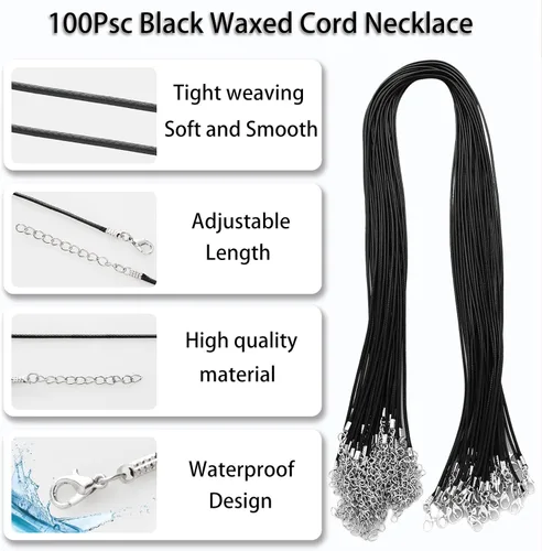 Miniatura 2 de 100 unidades de collar de cordón encerado negro de 20 pulgadas y 0.059 in de cadena de cuero sintético, cierre de cadena a granel para fabricación