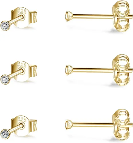 Aretes tipo dormilona de plata esterlina para mujeres, hombres, niñas. 3 pares de pequeños aretes redondos de circonita cúbica con circonita cúbica,
