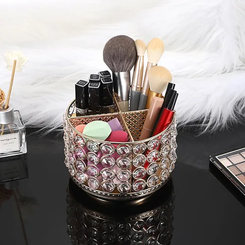 Miniatura 9 de Hipiwe Organizador de tocador de cristal, soporte giratorio de 360° para brochas de maquillaje, soporte de exhibición de brochas cosméticas Dorado