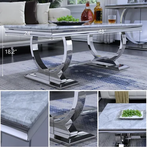 Miniatura 8 de Asday Mesa de centro plateada, mesa rectangular gris para sala de estar con base en U de metal espejo plateado, mesa de centro para sala de estar