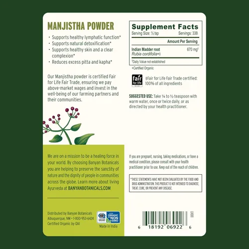 Miniatura 5 de Banyan Botanicals - Polvo Manjistha - Polvo orgánico con certificación USDA - Base de rubia cordifolia - Limpia la sangre y la linfa - Ayurveda, 1