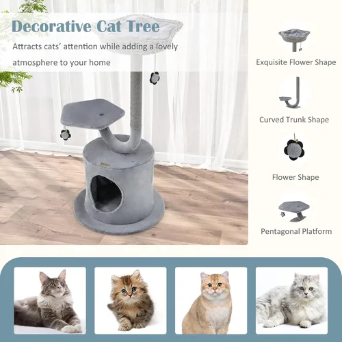 Miniatura 9 de Tangkula Árbol para gatos de interior, torre para gatos de 42 pulgadas con marco de soporte de metal curvado, postes rascadores de sisal, percha