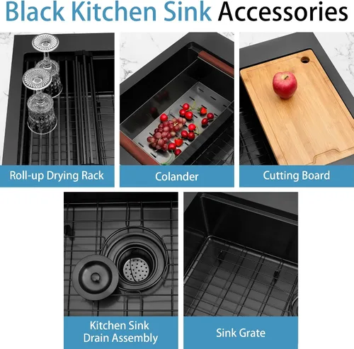 Miniatura 7 de LQS Fregadero de cocina negro con caída de 33 x 22 pulgadas, fregadero de acero inoxidable calibre 16, fregadero profundo y grande con estación
