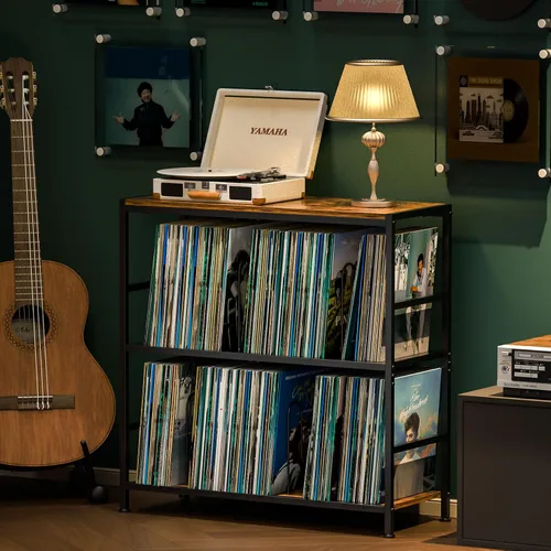 Sonyabecca Soporte para tocadiscos con 4 divisores ajustables, almacenamiento de discos de vinilo hasta 350 álbumes, soporte de almacenamiento de