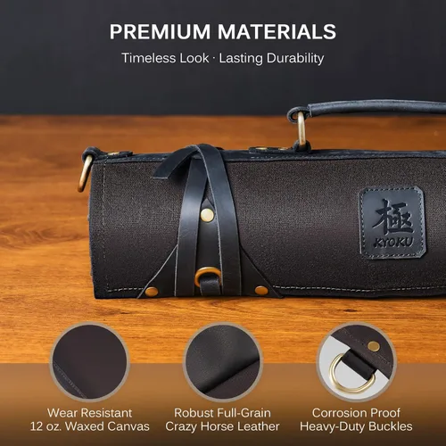 Miniatura 5 de KYOKU Bolsa enrollable para cuchillos de chef, cuchillo de cocina y soporte para utensilios con 10 ranuras, 3 soportes para cubiertos para juego