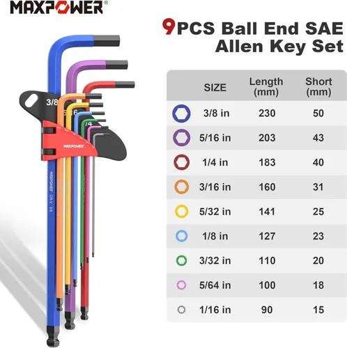 Miniatura 3 de MAXPOWER - Juegos de llaves Allen, juego de llaves Allen de 27 piezas incluye SAE (1/6-3/8"), métrico (1.5-10mm), Torx (T10-T50), juego de llaves
