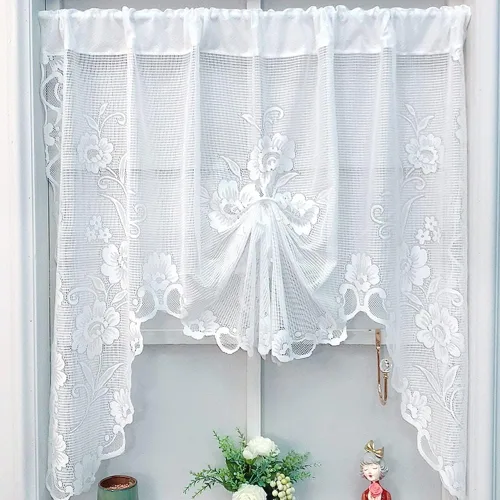 Miniatura 10 de ZZC Cortinas francesas cortas de encaje transparente, románticas, con lazo, media transparente, panel de cortina de encaje floral, cenefa negra