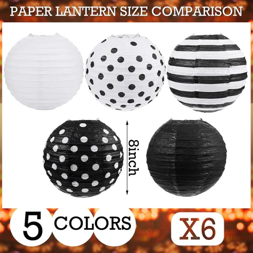 Miniatura 2 de Treela Paquete de 6 linternas de papel en blanco y negro de 8 pulgadas redondas con patrones de lunares a rayas para regreso a clases, aula, fiesta