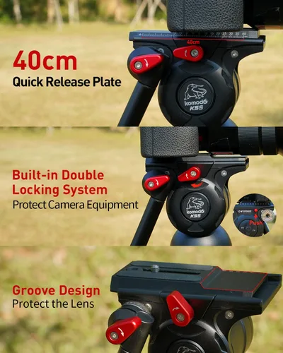 Miniatura 4 de IFOOTAGE Cabezal de cámara de video Komodo K5S, cabezales de fluido de aluminio, cabeza de trípode estable para giro e inclinación, con placa