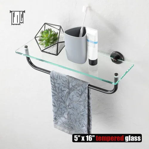 Miniatura 4 de JQK Estantería de baño de vidrio bronce, estante con toallero de 15 pulgadas de vidrio templado, almacenamiento para ducha de 16 por 5 pulgadas