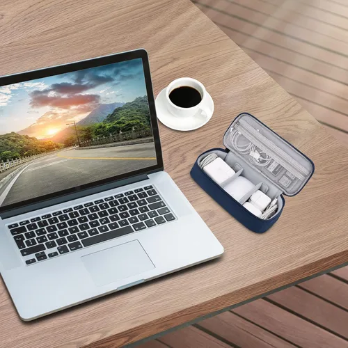 Miniatura 7 de Estuche organizador de artículos electrónicos, bolsa de transporte para artículos esenciales de viaje, para cable, cable de carga (azul marino)