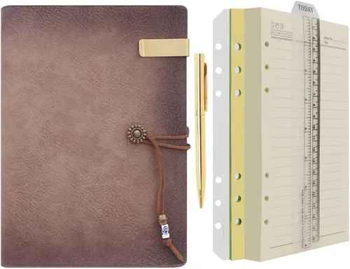 Miniatura 12 de Wonderpool - Diario de piel con papel rayado y bolígrafo, rellenable, cuaderno de espiral con 6 anillas, con libretas pautadas, cubierta vintage