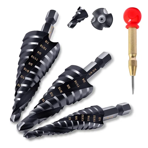 Miniatura 10 de Hakkin M35 Cobalt Unibit - Broca escalonada para metal de 1/4 a 3/4 pulgadas, con revestimiento de titanio, juego de tres brocas en espiral y punzón