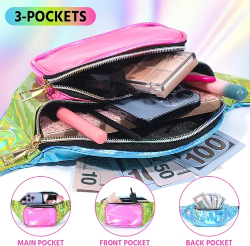 Miniatura 4 de Abbylike Cangurera holográfica retro de los años 80 y 90, 3 bolsillos, para cinturón, para mujeres, hombres, correr, viajar, vacaciones, festival