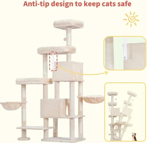 Miniatura 9 de Hey-brother - Árbol rascador para gatos con torre, postes rascadores con parte extendida, plataformas anchas, acogedores condominios, hamacas