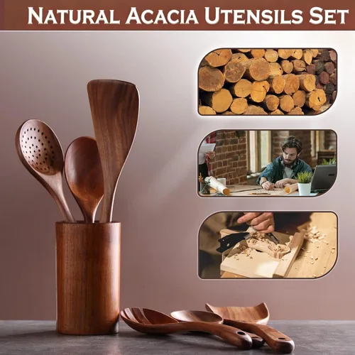 Miniatura 4 de Juego de 6 cucharas de madera de acacia para cocinar, juego de utensilios de madera Duradero, no tóxico, antiadherente, acabado suave, fácil