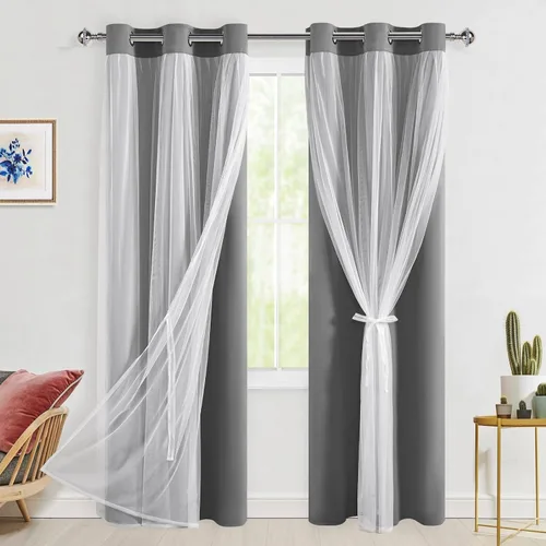 Miniatura 37 de Hiasan Cortinas opacas con superposición transparente, aislamiento térmico para mezclar y combinar de doble capa, cortinas de oscurecimiento de Beige