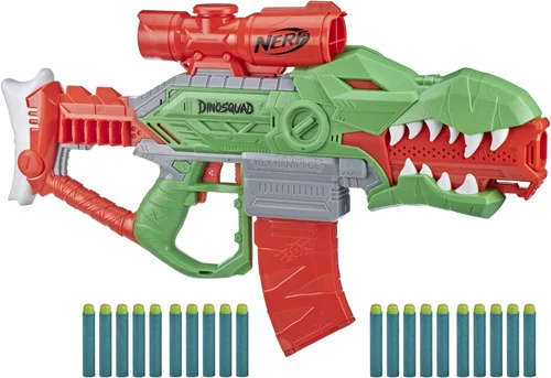 Nerf DinoSquad Rex-Rampage - Lanzador de dardos motorizado, clip de 10 dardos, 20 dardos oficiales, almacenamiento de 10 dardos, diseño de