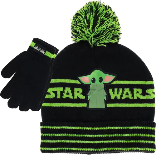 Star Wars Baby Yoda - Gorro de invierno para niños y guantes de nieve o guantes para niños pequeños, 2 unidades, conjunto de guantes suaves y gorro